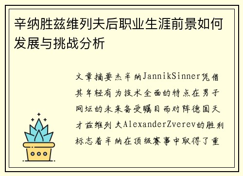 辛纳胜兹维列夫后职业生涯前景如何发展与挑战分析