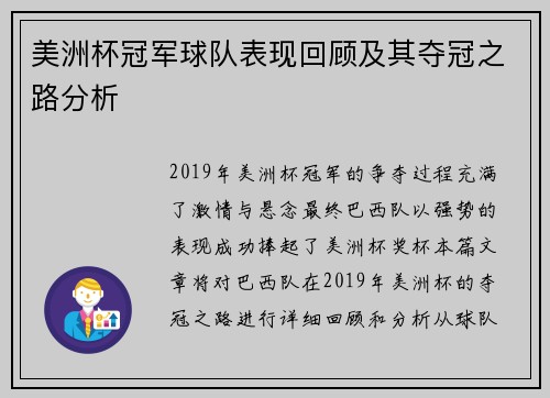美洲杯冠军球队表现回顾及其夺冠之路分析 美洲杯冠军球队表现回顾及其夺冠之路分析